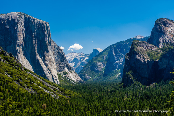 El Capitan and Half Dome from the Tunnel View overlook in Yosemite.
