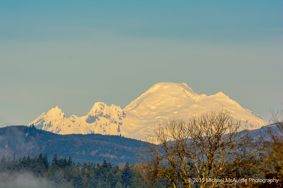 A photograph of Mt. Baker taken from Stanwood, Washington.
