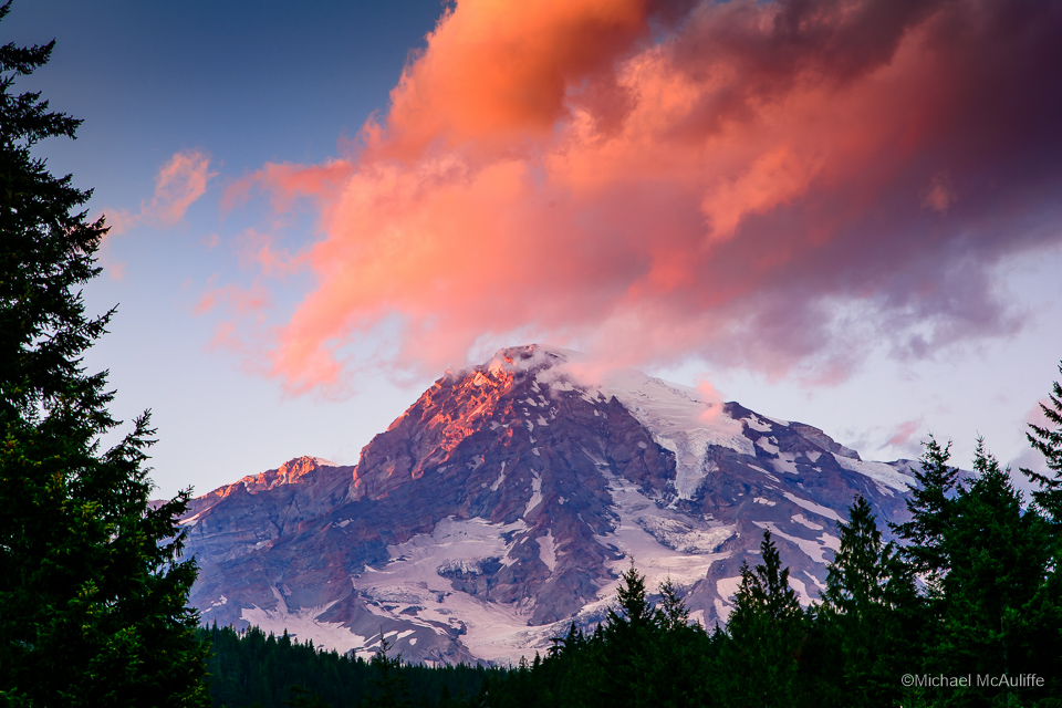 Sunset on Mount Rainier from Longmire.