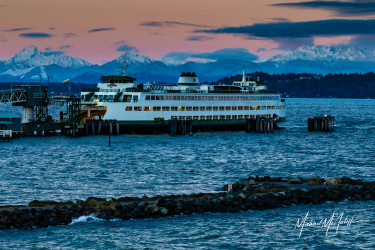 Ferry Boat and Olympic Mountains at Sunrise on Edmonds, WA, Waterfront