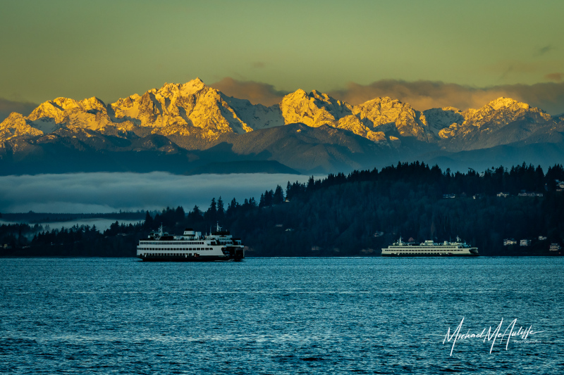 Olympic Mountains and Puget Sound With Ferry Boats