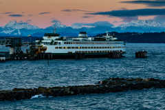 Snow Covered Olympic Mountains with Puget Sound and Ferry
